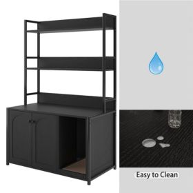 Large Cat Litter Box Enclosure With Shelf Storage, Hidden Cat Washroom Furniture, Wooden Cat House With Scratch Pad, Sturdy Indoor Cat Cabinet Wi (Option: Black)